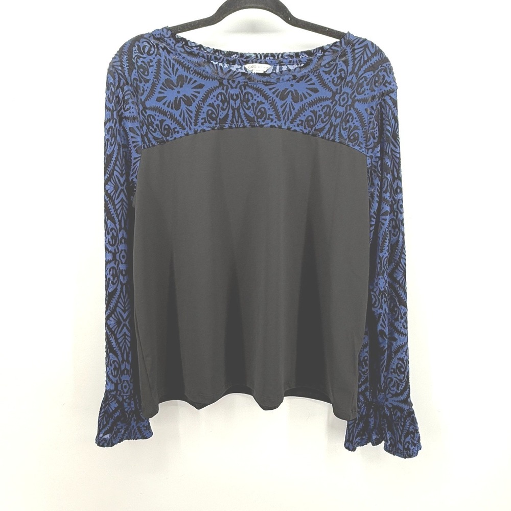 Cato Mixed Media Top Womens L Blue Black Burnout Velvetโ Paisley Bell Sleeve